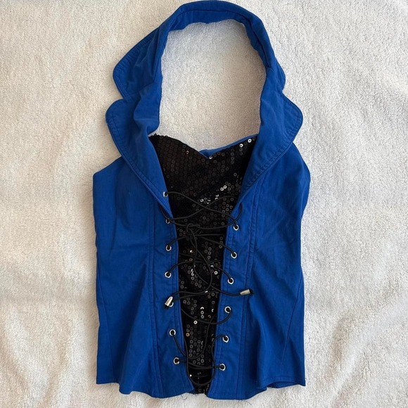 vintage Y2k fitted blue sequin blue corset halter top - Picture 2 of 4